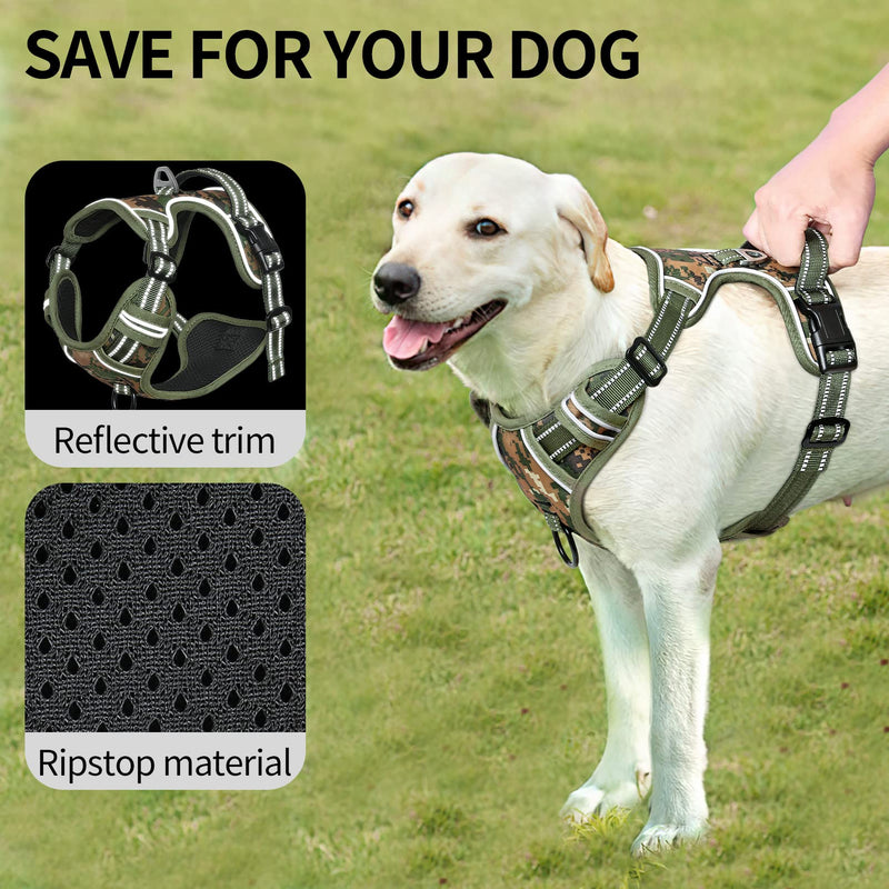 HEELE Dog Harness, No Pull Adjustable Padded Reflective Harness for Small Medium Large Dogs with Handle for Walking Training, Camo Green, M - PawsPlanet Australia