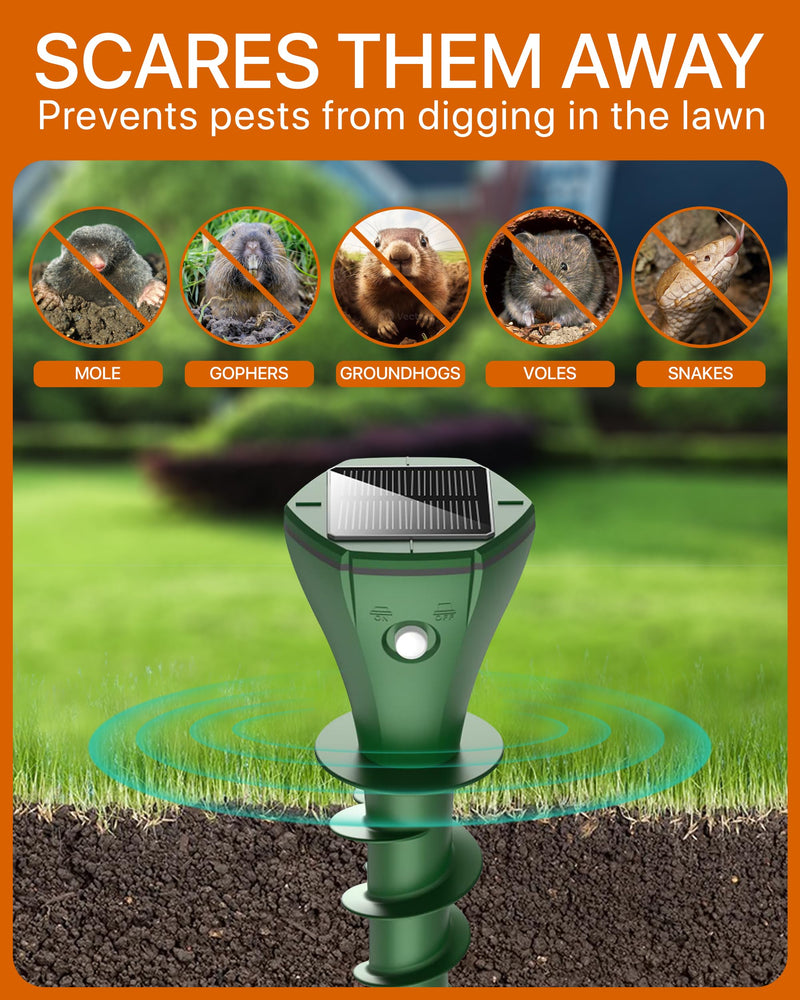 Solar Pest Repeller Stakes (4 Pack) – Outdoor Garden and Lawn Ground Stakes Rodent Deterrent for Moles, Gophers, Snakes and Burrowing Pests