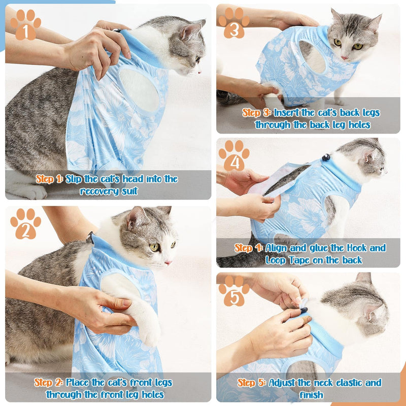 SlowTon Cat Recovery Suit - Cat Onesie for Cats After Surgery Female Male, Kitten Clothes Cats Surgical Spay Suit Abdominal Wounds, E-Collar Alternative Bodysuit Shirt Anti-Licking (Blue Flower,M) Medium Blue Flower