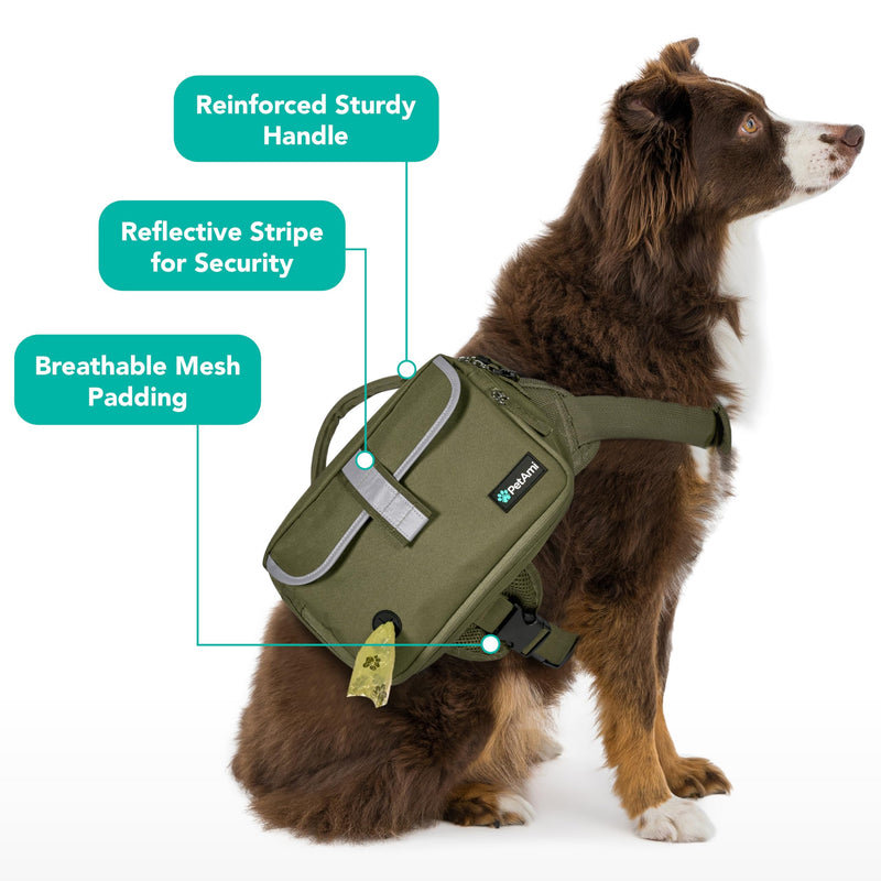 PetAmi Dog Backpack for Medium & Large Dogs, Saddle Bag for Dogs to Wear for Hiking, Pet Backpack Harness Dog Pack with Reflective Side Pockets for Walking Running Olive Canvas - PawsPlanet Australia