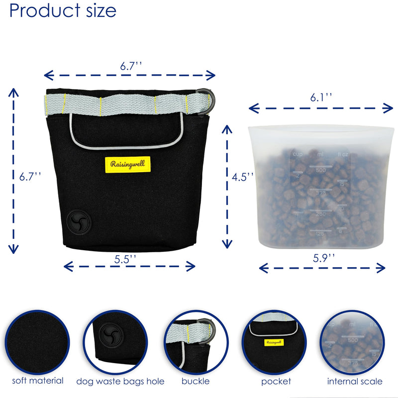 Dog Treat Pouch for Pet Walking and Training with Clicker 2 Cup Silicone Bag Small Fanny Pack Holder for Puppy Snack Dispenser Kit for Leash and Outdoor Use (Black) 2CUP A.Black - PawsPlanet Australia