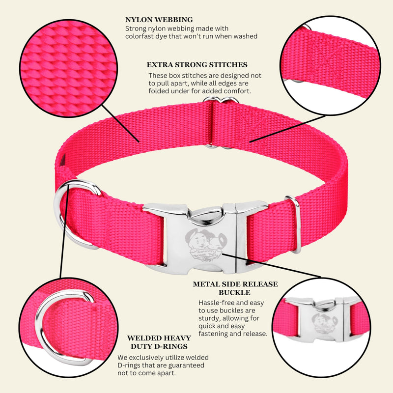 Country Brook Petz - Premium Nylon Dog Collar with Metal Buckle for Small Medium Large Breeds - 10+ Warm Colors (Medium, 3/4 Inch, Hot Pink) Medium (Pack of 1)