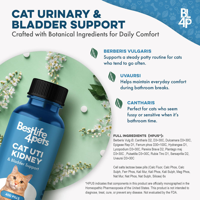 Cat UTI Remedy & Kidney Support for Cats, Natural Urinary Tract Infection and Cat Bladder Crystals Treatment Helps Flush Out Kidney Stones, Clears Infection, & Improves Kidneys Health, 400 Tiny Pills 1-Pack