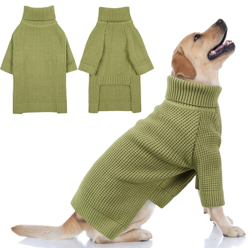 Queenmore Dog Sweater, Turtleneck Long Sleeve Knitted Dog Sweater with Check Pattern, Fall Winter Warm Dog Sweaters for Small Medium Large Dogs, Solid Pull-on Pet Sweater for Cats,Green XXL XX-Large Green