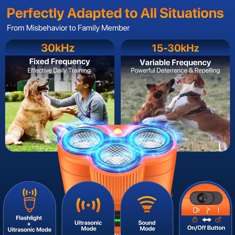 Dog Bark Deterrent Device – 3X Ultrasonic Anti Barking for Dogs, 6 Training Modes & 23FT Range, Rechargeable, Humane No-Shock Dog Training Tool for Stopping Neighbors Dogs Barks Indoor Outdoor Use Orange