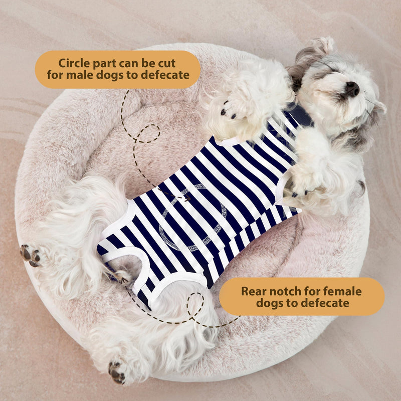 Striped Dog Surgery Suit Female Male Dog Recovery Body Suit After Surgery, Soft Cotton Surgical Recovery Vest Pet Medical Shirt Button Closure, Wound Protection, Easy to Wear, Dark Navy S