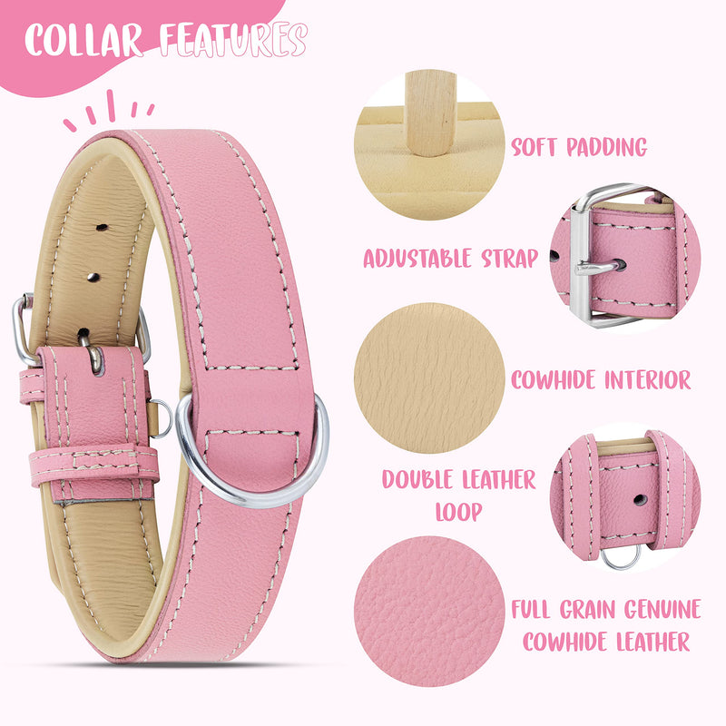 Riparo Genuine Leather Pink Dog Collar Heavy Duty K-9 Adjustable Dog Collar (M: 1” Wide for 13.5”-17.5” Neck, Pink) M: 1” Wide for 13.5”-17.5” Neck - PawsPlanet Australia