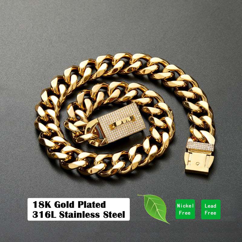 New Gold Dog Chain Collar with Bling Zircon Buckle,19MM Strong Stainless Steel Cuban Link Chain Collar,Dog Necklace Collar for Small Medium,Large Dogs Diamond Gold 22 Inch - PawsPlanet Australia
