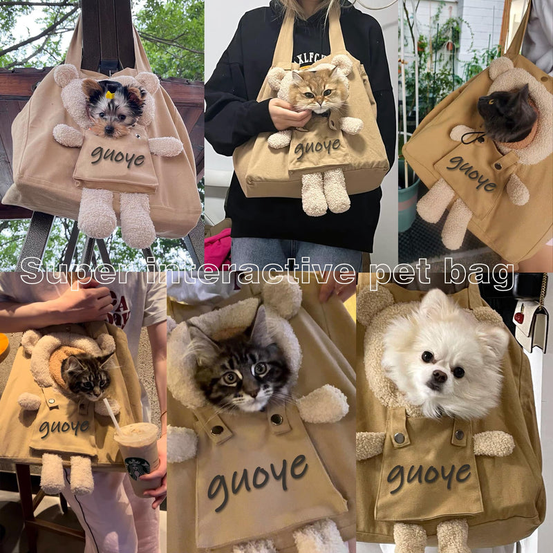 Bear-Shaped Show Head Pet Canvas Shoulder Bag, Outcrop (Khaki Bear-Large) Khaki Bear