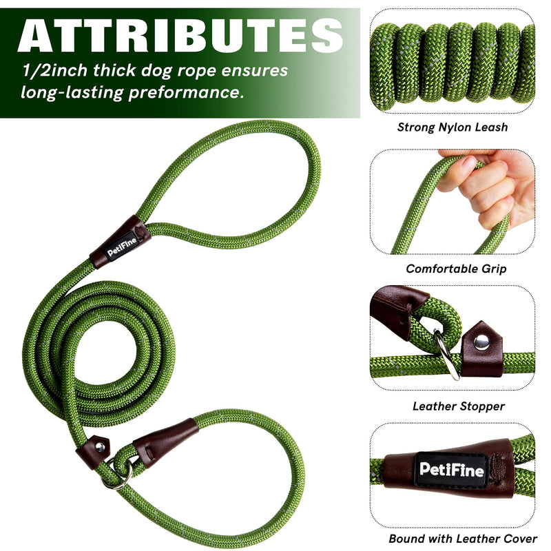 PetiFine Slip Lead Dog Leash - 6FT x 1/2" Reflective Durable Training Rope, Heavy Duty Adjustable Nylon for Small Medium Large Dogs (Green) Green 1/2" x 6 FT - PawsPlanet Australia