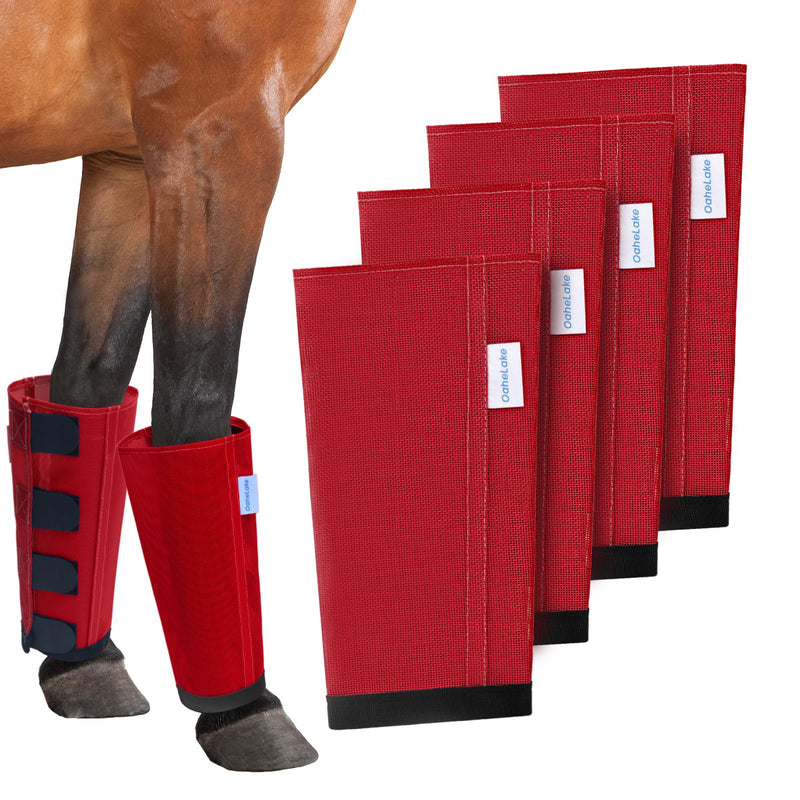Mesh Horse Fly Boots Set of 4, Loose Fitting Leggings for Horses, Reduce Stressful Stomping, Breathable Adjustable and Universal Fit for 4 Legs, Reliable Stay Put (Red) Red