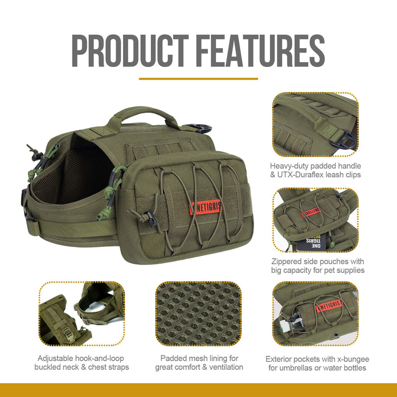 OneTigris Dog Backpack for Medium & Large Dogs, Nylon Backpack for Dogs Tactical Pet Backpack with Side Pockets for Hiking Walking Training Running (Green, Large) Green - PawsPlanet Australia