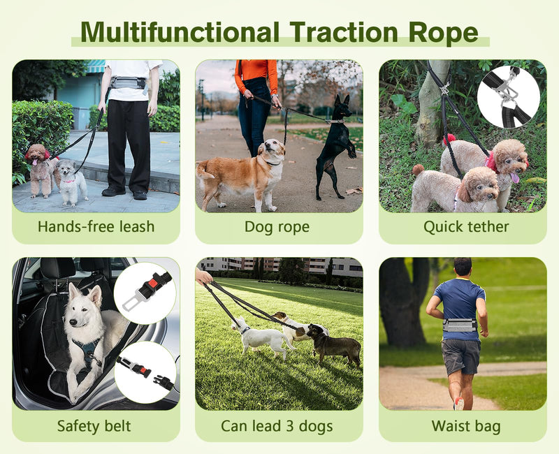 Pecute Hands Free Dog Leash 2 Dogs, Waist Belt Fanny Pack with Soft Padded, Dual Dog Leash with Pouch, 3 Padded Handles, Durable Bungee, Double Dog Leash for Running Walking Hiking Jogging Biking Gray-new - PawsPlanet Australia