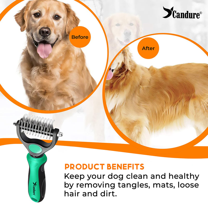 Candure Dematting Comb for Dog and Cat, Pet Grooming Rake and Brushes for Small & Medium Dogs 11+6 Double Sided Blade Deshedding Tool Removes Knots, Undercoat, Mats and Tangled Hair (Green) Green - PawsPlanet Australia