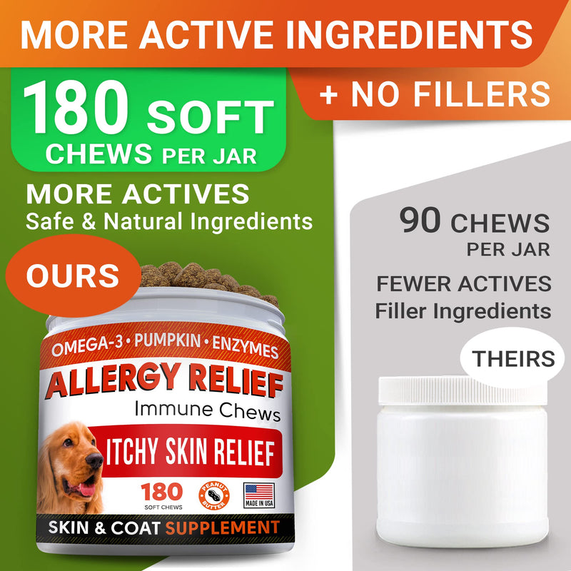 StrellaLab Dog Allergy Relief & Anti Itch Support Chews w/Omega 3: Real Ingredients, Real Taste! Skin & Coat Immune Supplement w/Fish Oil, Pumpkin & Enzymes — Developed by Experts - Made in USA -180Ct Chicken & Liver 180Ct (ITCH Relief)