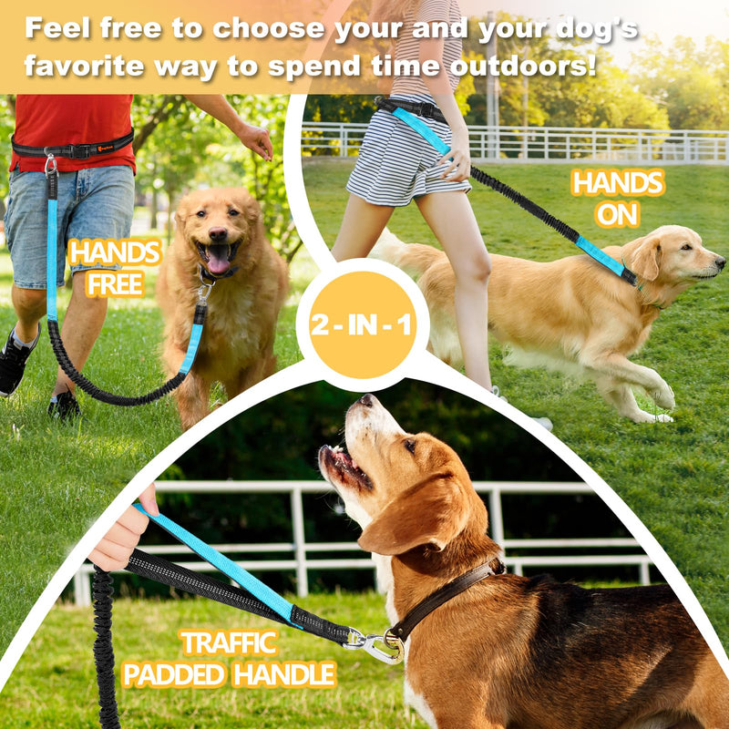 Hands Free Dog Leash, Adjustable Waist Leash for Dog, Handle Bungee Dog Leash 4.2-6.7 Feet Long with Reflective Stitches for Walking Hiking Running, Fits 26"- 47" Waist, Black & Blue Black-Blue - PawsPlanet Australia