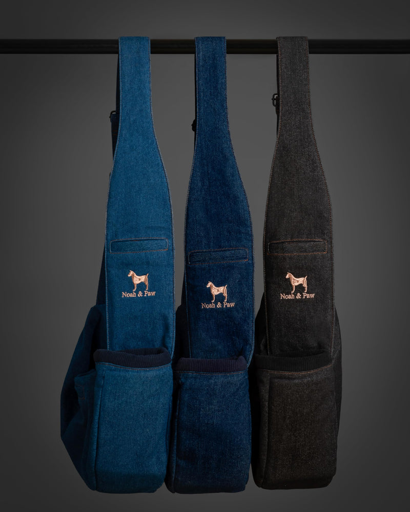 Noah & Paw Dog Sling Carrier for Small Dogs 5-18lb, Dog Sling for Small Dogs and Cats, Dog Carrier with Adjustable Padded Strap, Denim Lined with Fur, 3X Safety Features, Machine Washable Black 18.0"L x 10.0"W x 5.5"H - PawsPlanet Australia