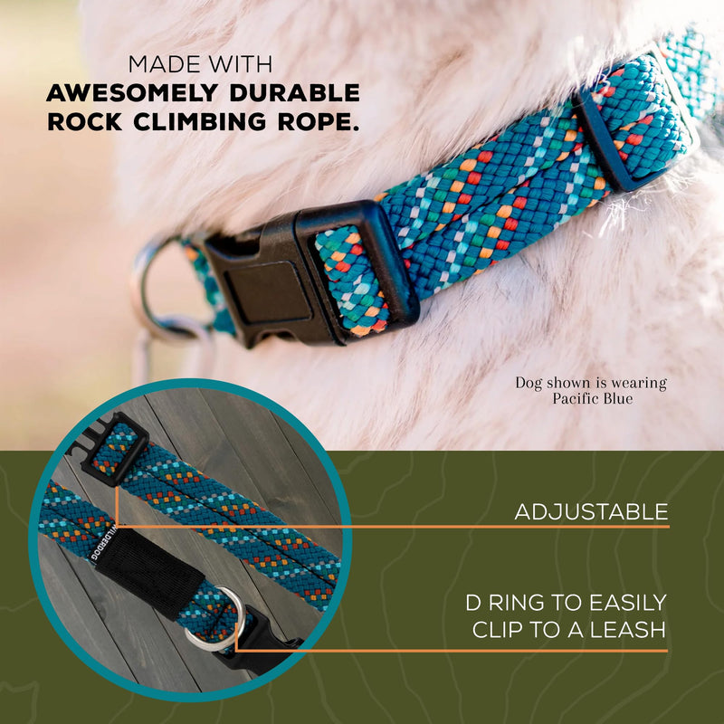 Wilderdog Climbing Rope Dog Collar - Outdoor Durable Climbing Rope Design with Heavy-Duty Secure Hardware for Safety - Adjustable to fit 17"-24" Around with a 1" Band - Large - Pacific Blue - PawsPlanet Australia