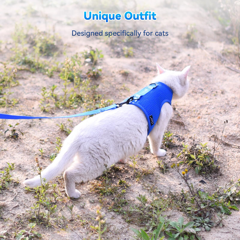 Cat Harness and Leash for Walking Escape Proof Breathable Mesh Fabric, Solid Blue, Medium, Adjustable Cat Walking Jackets, Padded Stylish Cat Vest M 5.5-9LBS Solid Blue Mesh - PawsPlanet Australia