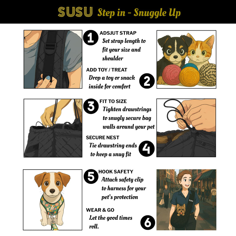 SUSU Small Dog Sling Carrier – Silk Black 2‑in‑1 Cross‑Body & Handheld Pet Sling for Small Dogs up to10 lbs, Ultra‑Soft Parachute‑Grade Nylon, Safety Tether & Dual Zippered Pockets - PawsPlanet Australia