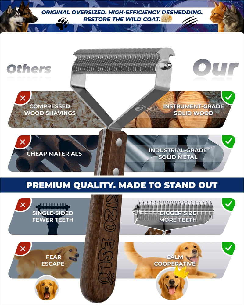 Dog Brush for Shedding 20 Blade Dematting Tool Pet Brush Dual Side, Undercoat Rake for Large Medium Small Dogs and Cats, Shedding Dog Comb for Grooming, Premium Wood Handle L Pro - Walnut - PawsPlanet Australia