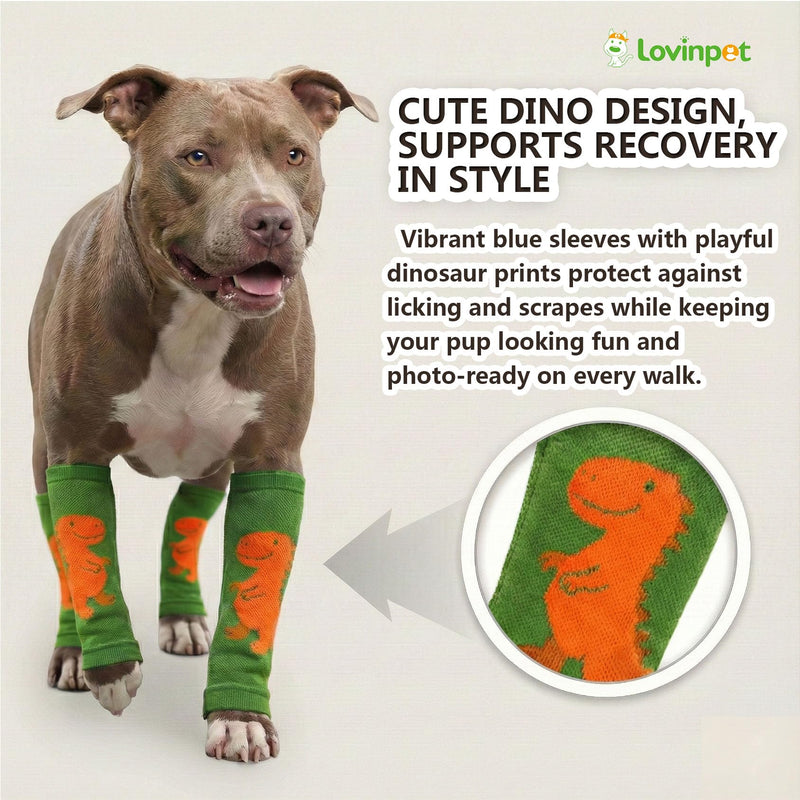 LovinPet 4-Pack Dog Knee Sleeves, Dinosaur-Style Leg Warmers for Medium & Large Dogs, 4-Way Stretch, Anti-Lick Coverage, Warm & Comfy Fit, One Size,Green Orange Green Orange