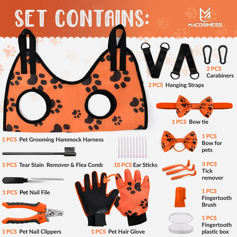 2025 16-in-1 - Dog Grooming Hammock - Dog Hanging Harness for Nail Trimming - Pet Grooming Hammock - Dog Sling for Nail Trimming - Dog Nail Trimming Hammock - Dog Holder for Nail Trimming PREMIUM SET - Orange with black paws XS - PawsPlanet Australia