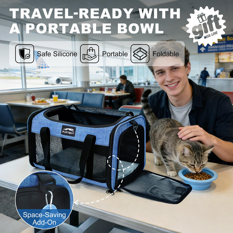 TSA Approved Pet Carrier for Kitten and Puppy, Cat Carrier Soft Fits Pets up to 13 lbs, Dogs Travel Bag with Bowl Foldable, Ideal for Travel, Car Rides, and Vet Visits (Blue, Cat Bowl Set) Blue - PawsPlanet Australia