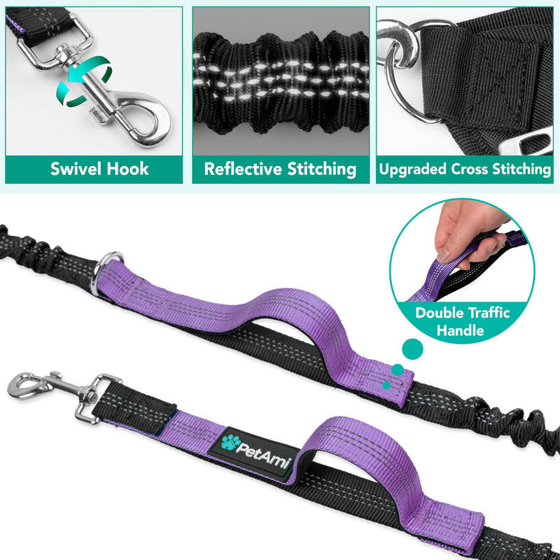 PetAmi Premium Hands Free Dog Leash for 2 Dogs, Adjustable Waist Belt Leash for Dog Walking, Fanny Pack Accessories Bag Dual Bungee Leash for Running, Hiking, Jogging, Biking, Purple 2 Leashes - PawsPlanet Australia