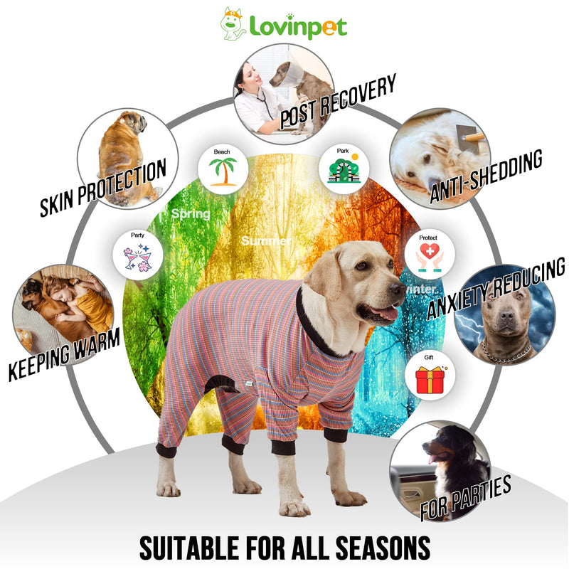 LovinPet Large Dog Pajamas, Cotton Multicolor Stripe Big Dog Shirt, Stop Shedding for Dogs, Full Body Dog Onesie, Pet Pajamas for Dogs, Pet PJ's, XL X-Large Pink Black - PawsPlanet Australia