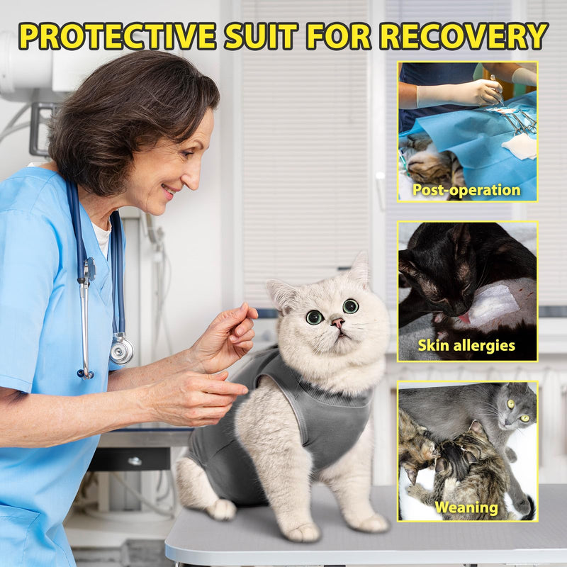 Cat Recovery Suit Female to Prevent Licking Scratching, Kitten Onesie for Cats After Surgery Surgical Abdominal Wound with Adjustable Drawstrings, Cat Cone Alternative S Grey - PawsPlanet Australia