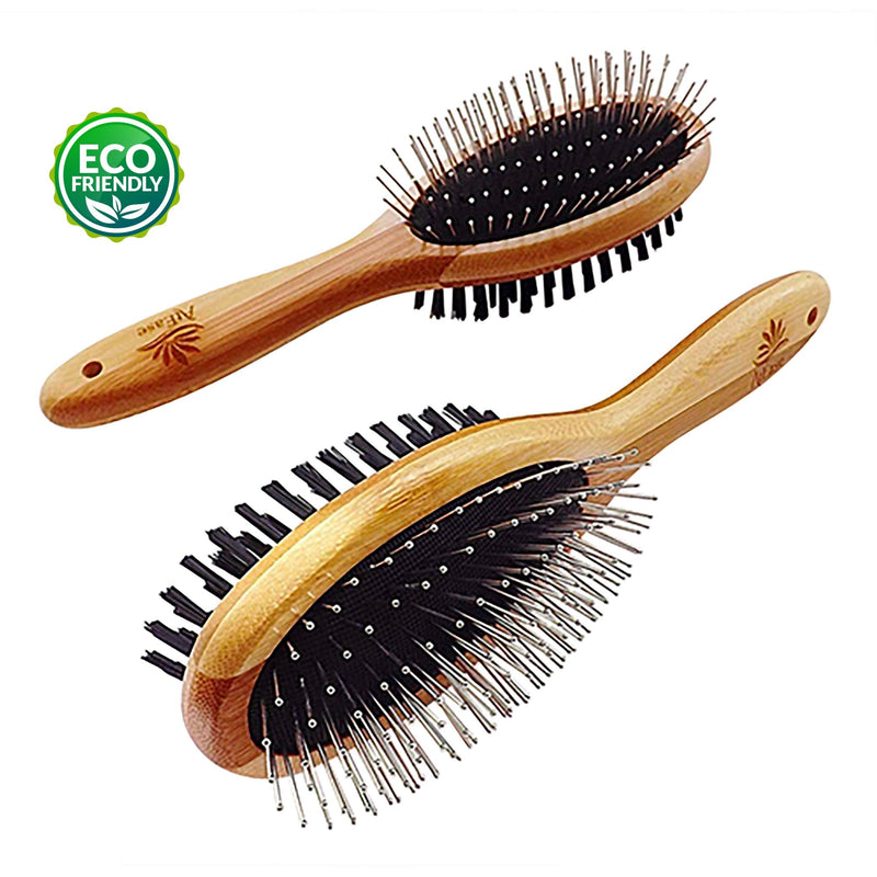 Double Sided Dog Brush - for Long or Short Haired Dogs and Cats Natural Bamboo Eco Friendly Pet Grooming Dual Sided Pin and Bristles for Deshedding Hair - PawsPlanet Australia