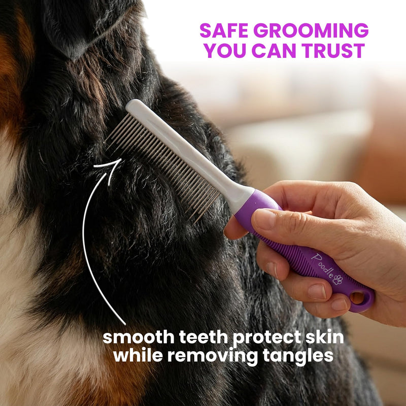 Poodle Pet Detangling Pet Comb for Dogs & Cats - Detangler Grooming Tool with Long & Short Stainless Steel Metal Teeth for Dematting Matted Fur, Combing Out Knots, Removing Tangles from Undercoat - PawsPlanet Australia