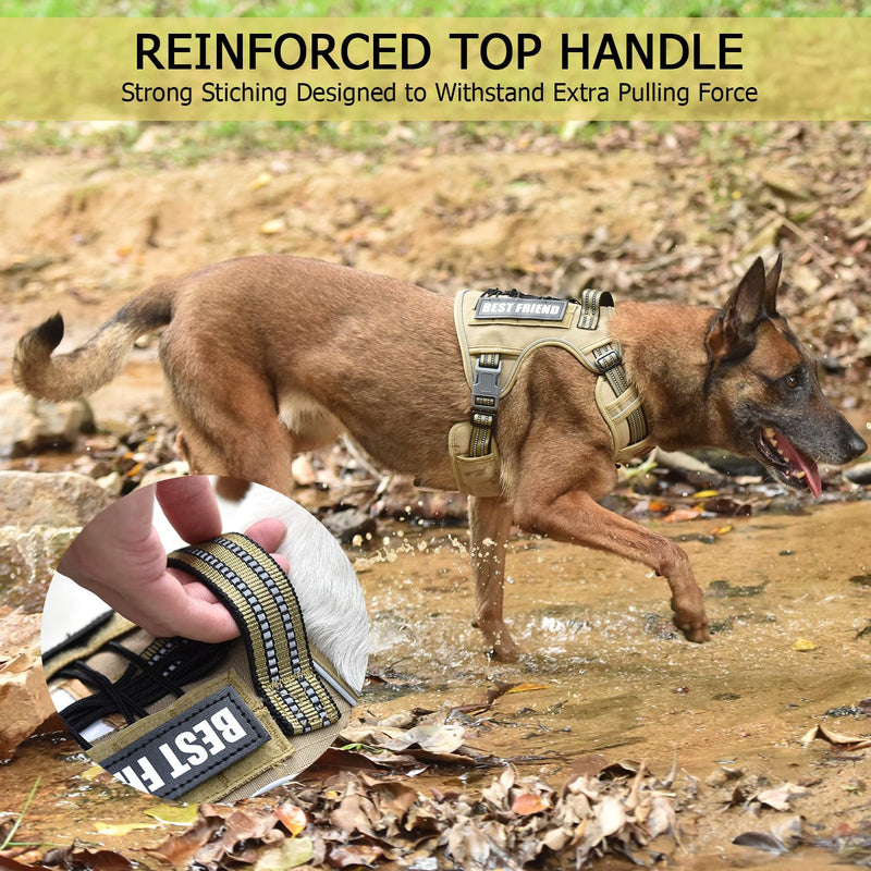PET MARVEL Heavy Duty Dog Harness with Handle, No Pull Adjustable Outdoor Vest with Metal Buckles, MOLLE Panel & Reflective Strips for Medium Large Dogs XL(Neck:20-31",Chest:26-42") Brown - PawsPlanet Australia