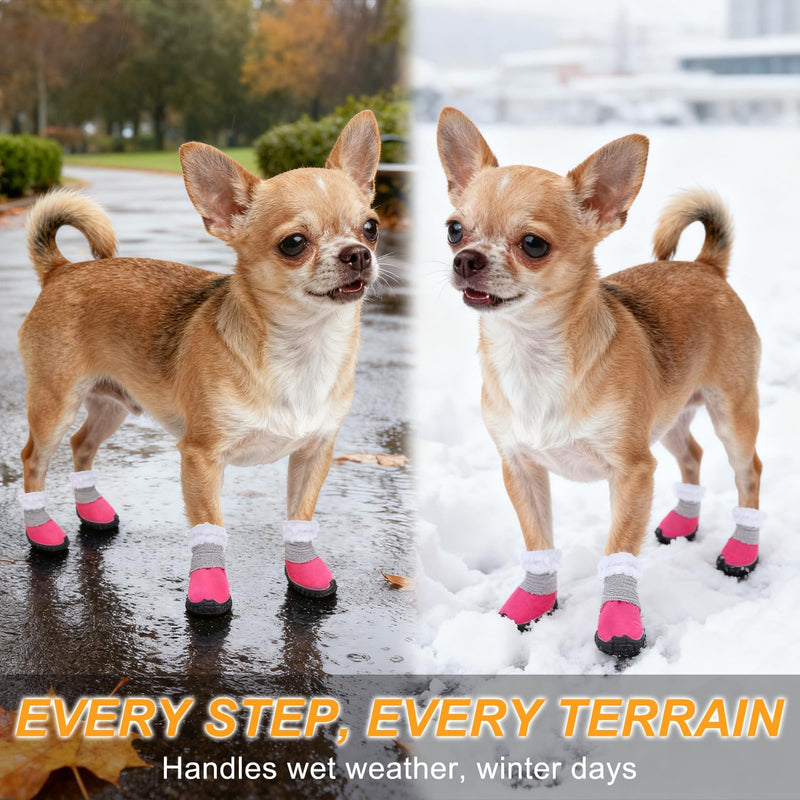 BEAUTYZOO Dog Winter Boots, Waterproof Dogs Snow Shoes with Anti-Slip Sole & Warm Fleece Lining-Indoor Outdoor Paw Protectors for Small Dogs, Puppy Booties to Prevent Licking on Hardwood Floors,Size 4 Pink #4