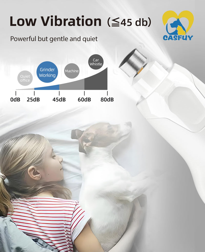 Casfuy Dog Nail Grinder Quiet - (45db) 6-Speed Pet Nail Grinder with 2 LED Lights for Large Medium Small Puppy Dogs/Cats, Professional 3 Ports Rechargeable Electric Dog Nail Trimmer with Dust Cap White - PawsPlanet Australia