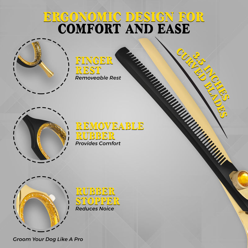 7.5” Curved Thinning Shears for Dogs and Cats – 34 Tooth Professional Pet Grooming Scissors – Smooth, Quiet Blending Shears for Face, Ears, Chest and Legs, Ergonomic Design for Home and Pro Use Golden Black Curved Thinning Scissors - PawsPlanet Australia