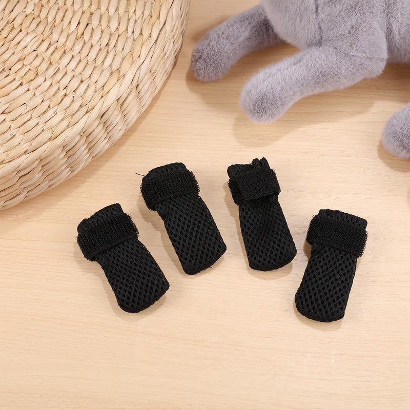 Black cat paw shoes to protect against cat scratches, made of polyester, 4 pieces, with adjustable size and for use when feeding medication