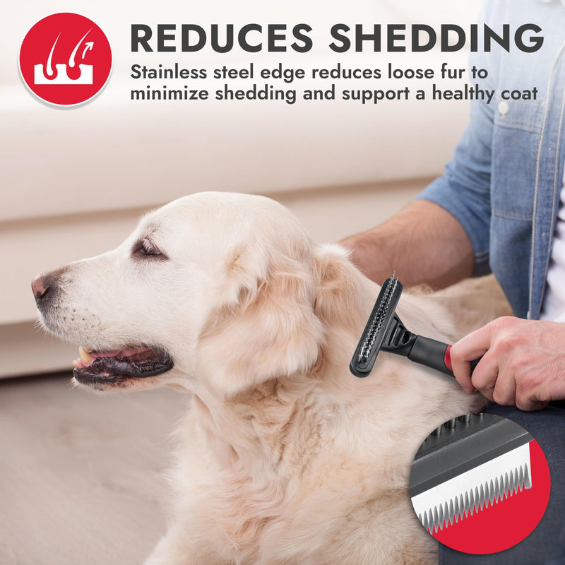 KONG Double-Sided Rake & Deshedding Tool – Detangling & Shedding Control, Rounded Metal Tips, Non-Slip Grip, for Medium to Large Dogs with Medium to Long Coats, Red/Gray - PawsPlanet Australia