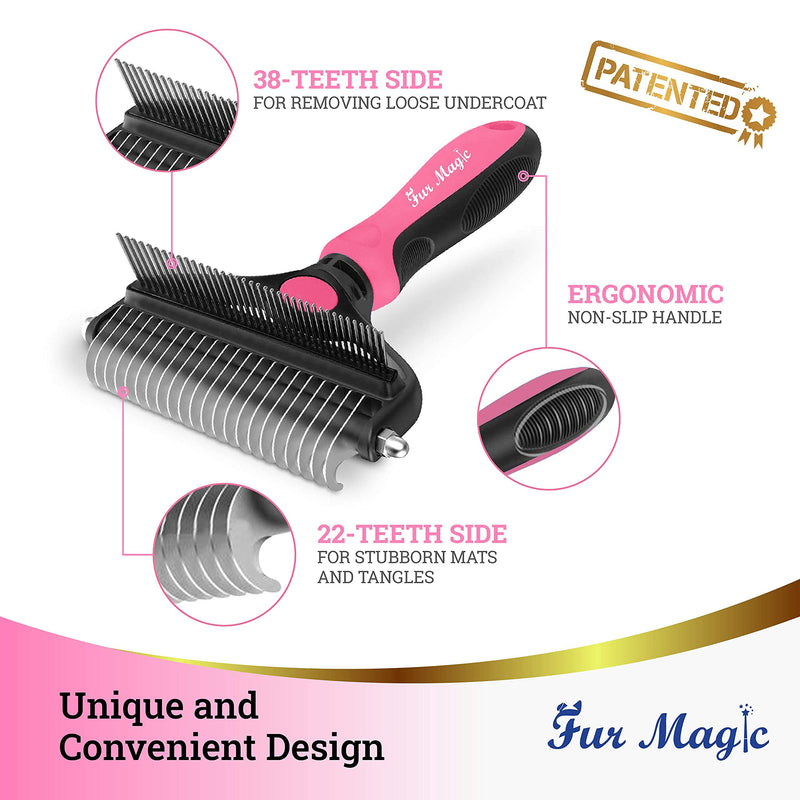 Fur Magic Deshedding and Dematting Comb Double Sided Undercoat Rake Pet Grooming Brush Removing Mats, Knots & Tangles for Dogs and Cats with Long and Medium Hair, Pink L - PawsPlanet Australia