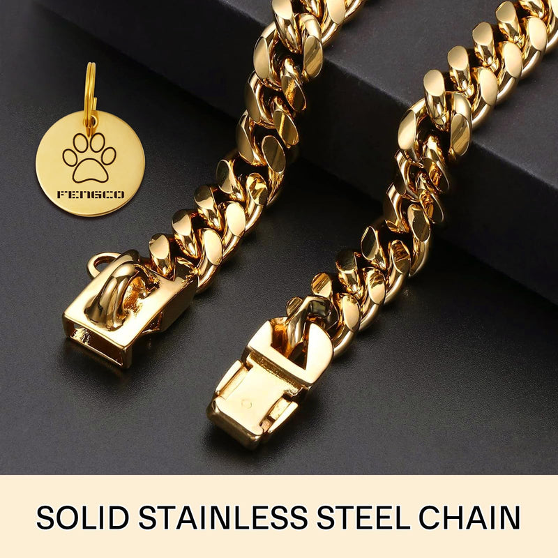Gold Dog Chain Collar with Dog Tag Pendent Metal Chain Collar Necklace18K Gold Plated Stainless Steel Pet Cuban Links Collars for Dogs(24inch) 24inch - PawsPlanet Australia