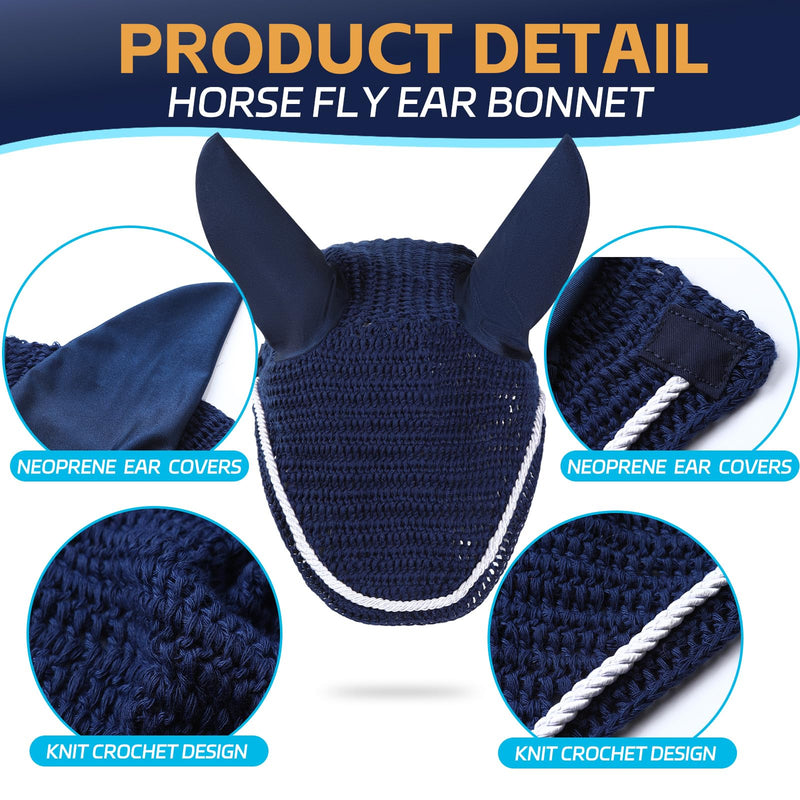 Horse Ear Bonnet - Crochet Fly Veil Silent Ear Net Crochet Bonnet with Neoprene Ear Covers Blue Horse Full Size