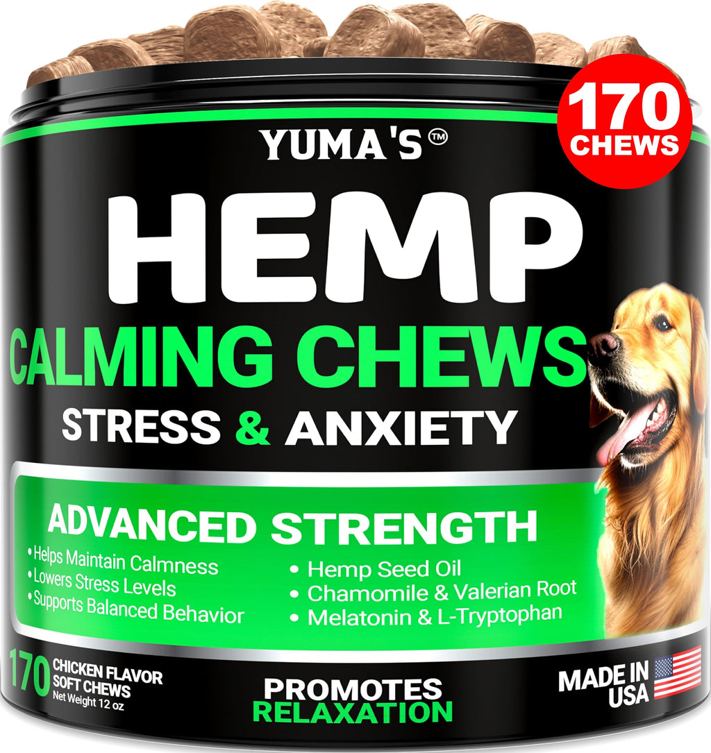 YUMA'S Hemp Calming Chews for Dogs - Advanced Dog Calming Treats - Dog Calming Chews - 170 Chews - Anxiety Relief Treats - Separation Aid, Barking, Stress Relief, Thunderstorms - Melatonin - Hemp Oil