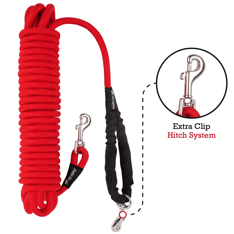 Tuff Pupper Heavy Duty 30 Foot Long Rope Leash for Dogs | Dog Recall Training Leash | High Visibility Strong Climbing Rope Leash | Hand or Waist Worn | Stainless Steel 360° Clips for Tangle Free Use March Red - PawsPlanet Australia