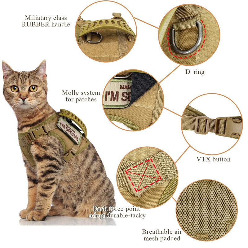 Tactical Cat Harness for Walking Escape Proof, Soft Mesh Adjustable Pet Vest Harness for Large Cat,Small Dog Khaki