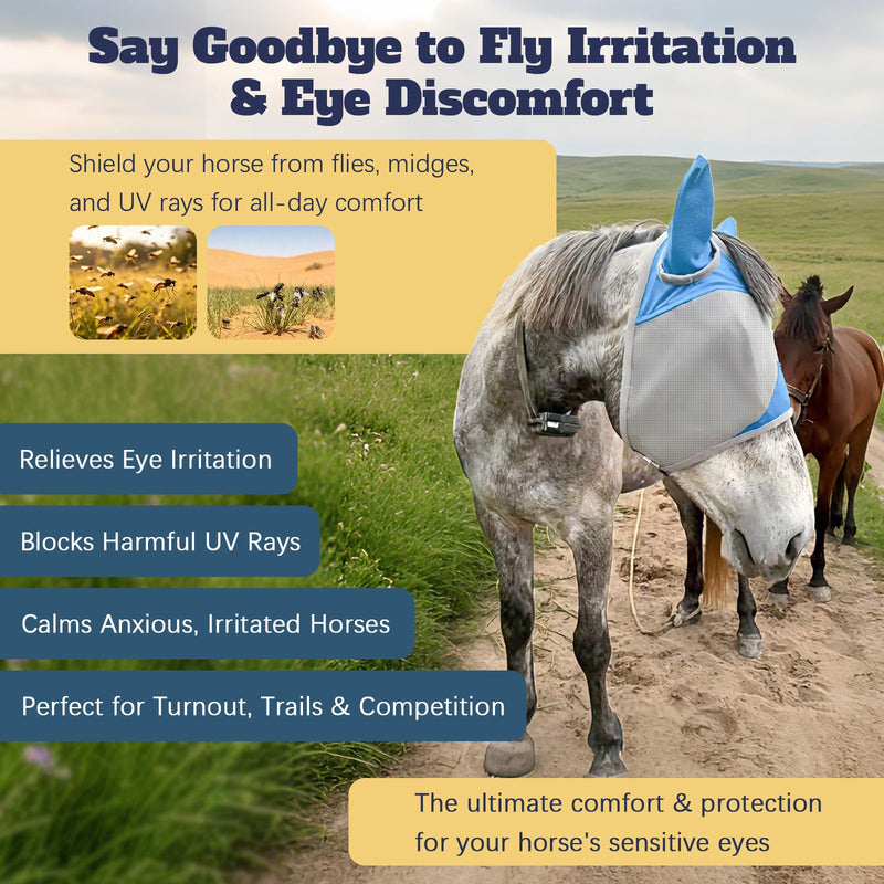 Horse Fly Mask with Ears, Breathable UV Protection Mesh, Large Eye Space No Rubbing, Soft Fleece Trim, Adjustable Comfort Fit, Lightweight Horse Mask for Summer Turnout (M) Medium