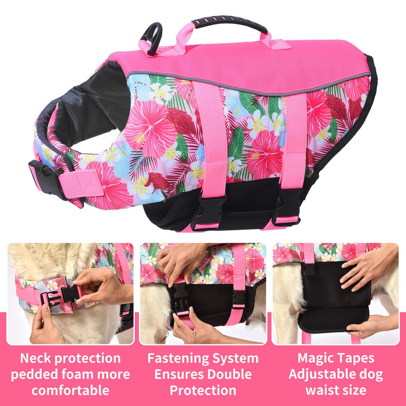 Dog Life Jacket Vest Swimming Adjustable Puppy Life Vests, Ripstop Life Jackets for Small Medium and Large Dogs High Visibility Flotation with Rescue Handle for Water Swim Boating Hunting（XL X-Large Flower+Pink - PawsPlanet Australia