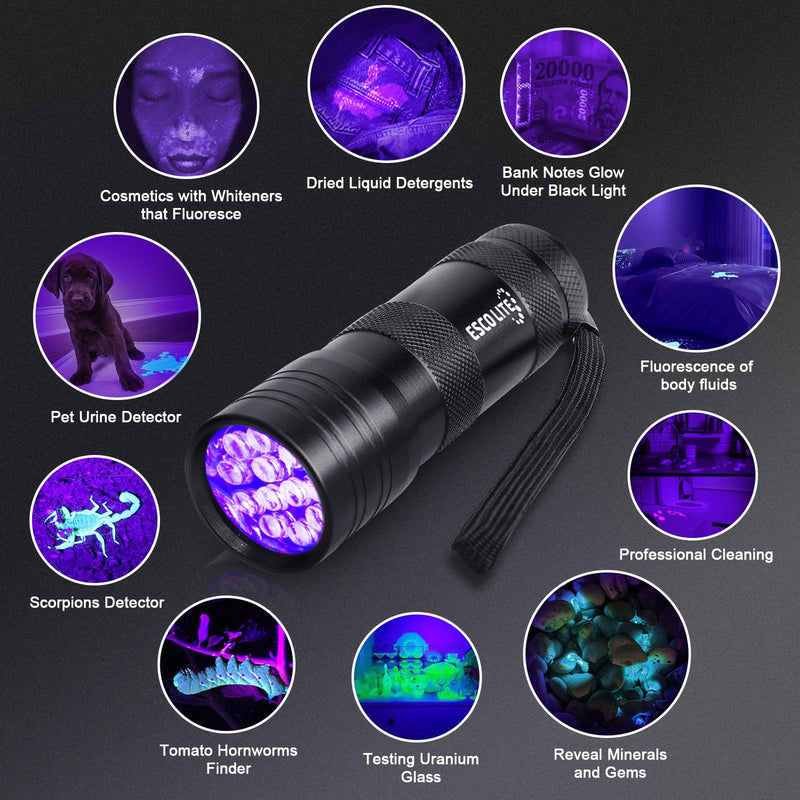 Escolite Black Light Flashlight, 12LED 395nm UV Handheld Black Light Mini, Dogs Urine Detector for Dry Urine Stains, Bed Bugs, Scorpions(2 Packs) - PawsPlanet Australia