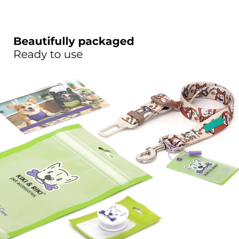 KIKI & RIKI Dog Car Seat Belt, Adjustable 14–24 in (36–61 cm), Premium Nylon Safety Tether, Universal Buckle Clip, Durable Vehicle Restraint Strap, Beige (Funny Pups) Beige (Funny Pups) - PawsPlanet Australia