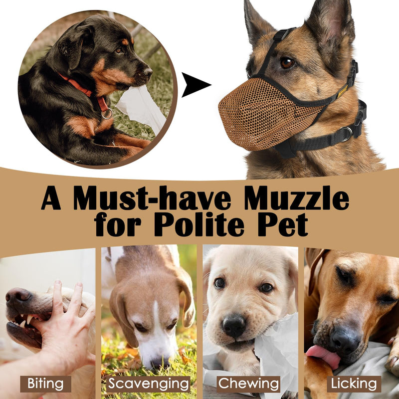 Mayerzon Dog Muzzle, Soft Mesh Muzzles for Large Medium Small Breed Labrador Retriever Husky Beagle Poodle, Adjustable Dog Mouth Guard for Scavenging Licking Grooming, with Matching Collar(XL, Brown) XL-(Snout:12½"-13¾")